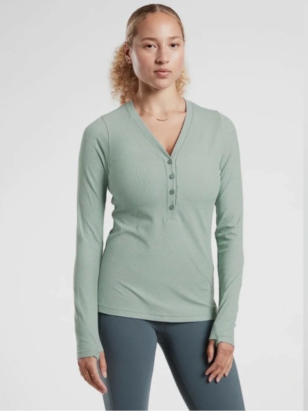 ATHLETA Uptempo Ribbed Henley Top Blue Athleisure Size Small